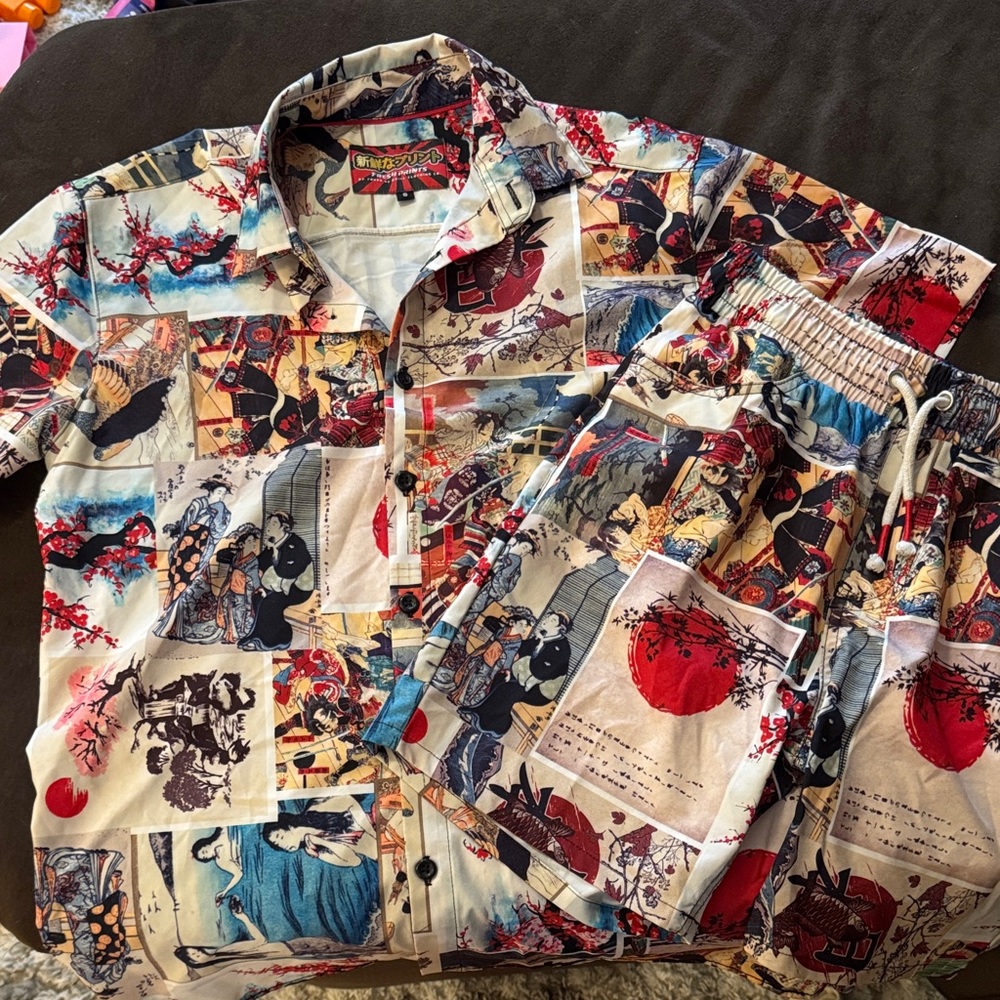 Fresh Prints brand anime Print Button-Up Shirt and Shorts set